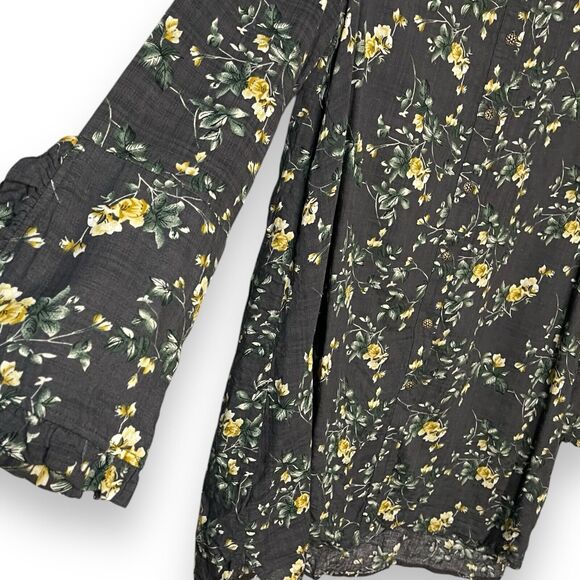 Easel Button Front Tunic Top Women's Medium Navy Blue Floral Casual Modest Shirt - Picture 7 of 13